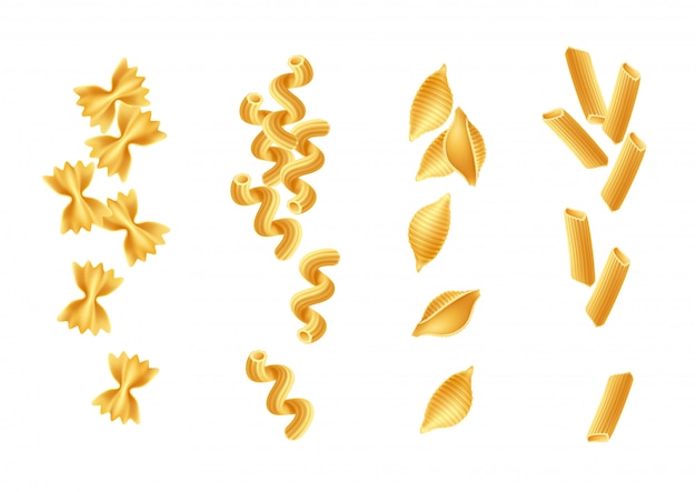 Set di tipi di spaghetti di pasta italiana realistica. farfalle, rigatoni, conchiglie e cavatappi.