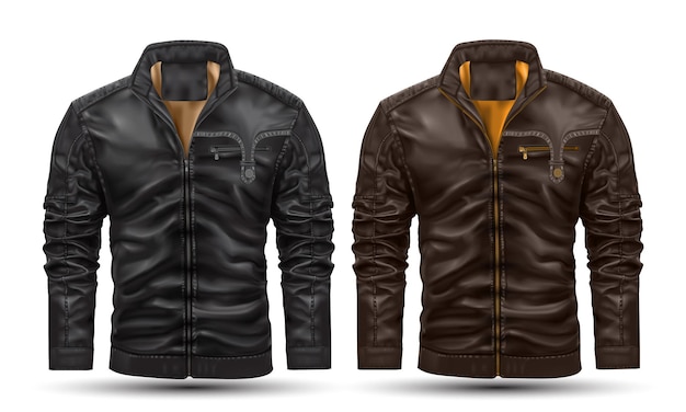 Vector realistic jacket leather black brown collection on white background vector illustration.