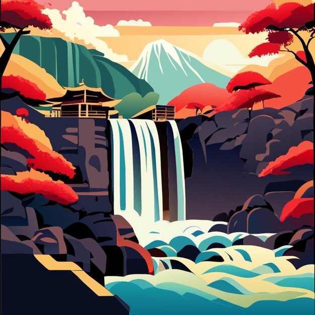 Vector realistic japaneese style waterfall painting vector illustration