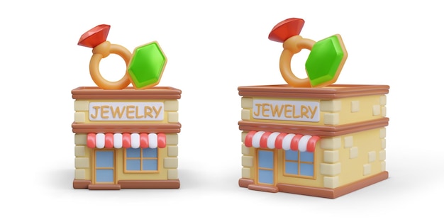 Realistic jewelry store in cartoon style front and side view