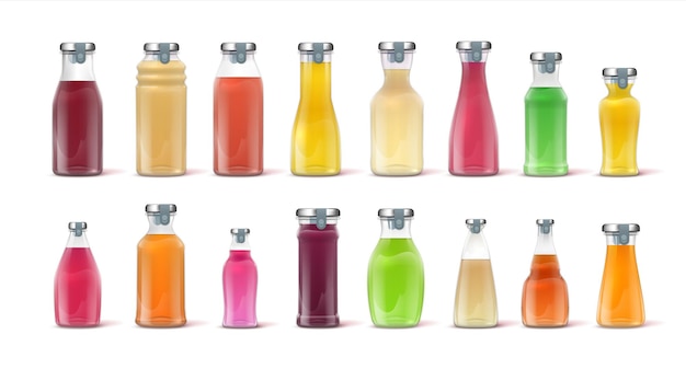 リアルなジュースボトル。色付きのフルーツドリンクが入った3Dガラス瓶、飲料広告用のブランドモックアップテンプレート。液体ベクトルアップルレモンオレンジ製品セットで完全に閉じた透明な容器