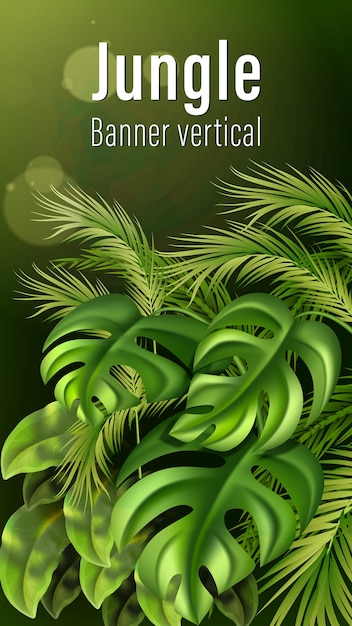 Vector realistic jungle vertical banner template with tropical leaves