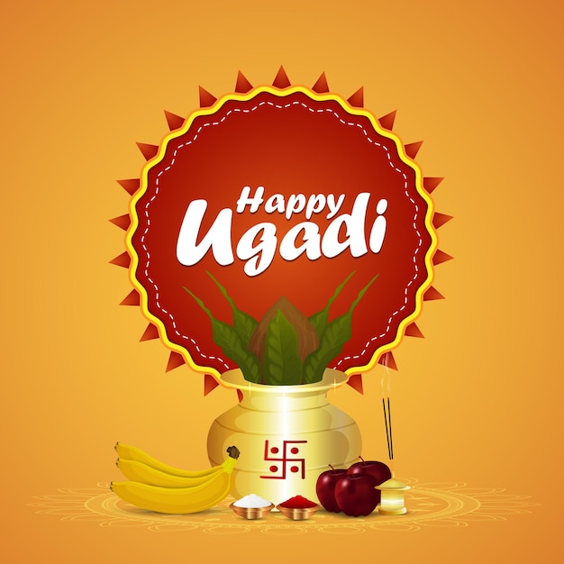 Realistic kalash and fruits for ugadi celebration