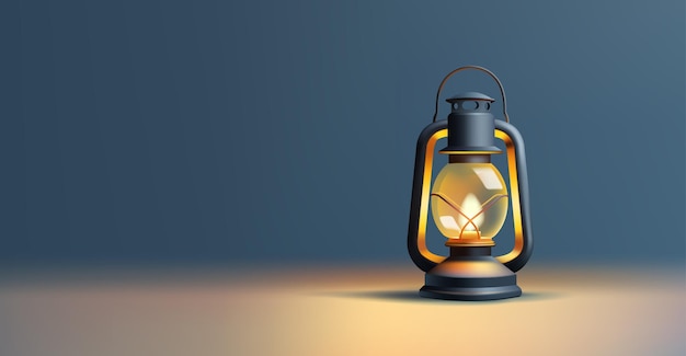 Realistic kerosene glass lamp 3d render cartoon illustration Vector image of lighting travel accessories realistic lights scene in the dark