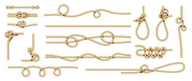 ベクトル リアルな結び目 ロープのノードとコードのスレッド 孤立したマリン ツイスト ループ 麻繊維から編んだ撚り糸のコレクション 縄と船員ケーブル 装飾的なテンプレート ベクトルを設定