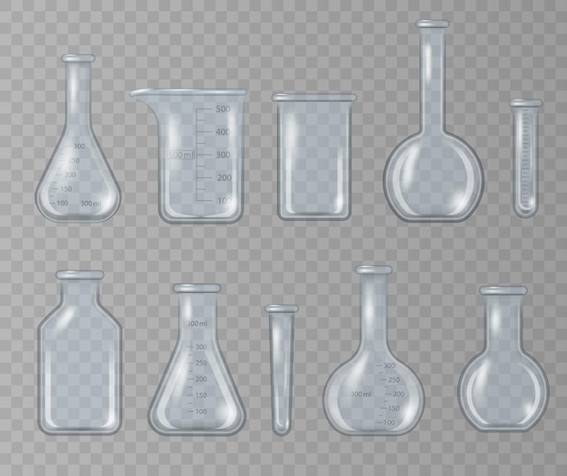 Реалистичный лабораторный стакан, стеклянная колба и другие химические контейнеры