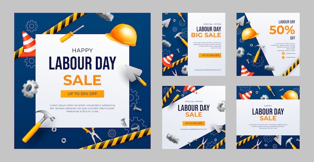 Vector realistic labor day instagram posts collection