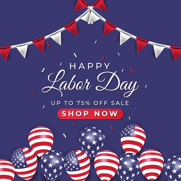 Realistic Labor day sale banner with american balloons flag. Premium Vector