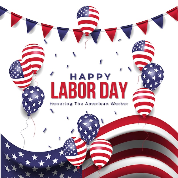 Realistic Labor day sale banner with balloons and american flag. Premium Vector