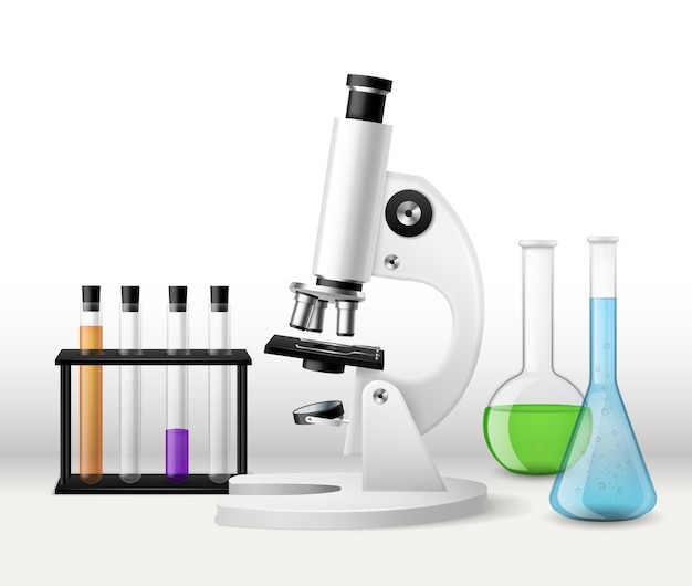 Realistic laboratory research. 3d microscope with test tubes tripod, glass flasks with colorful liquid reagents, chemical or biology scientific study, pharmacy and medical investigation vector concept