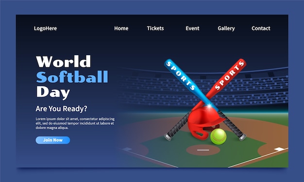 Vector realistic landing page template for world softball day