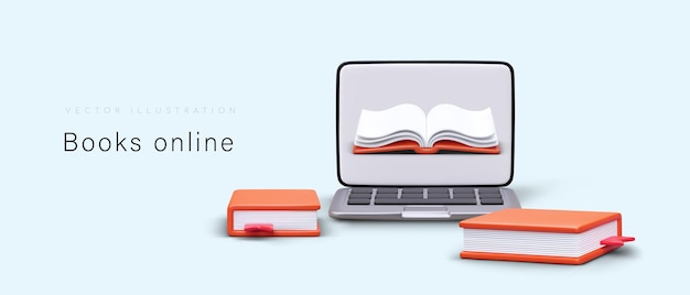 Вектор Реалистичный ноутбук и книги чтение и покупка книг в интернете с помощью гаджетов