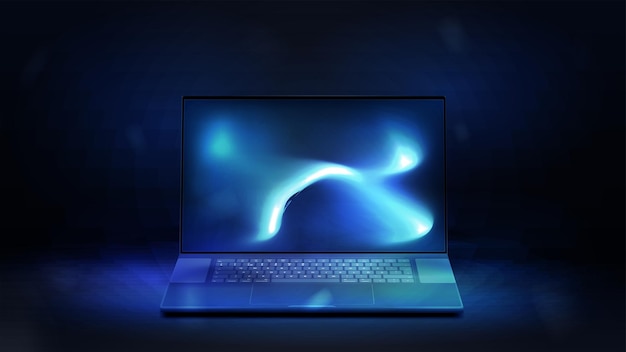 Vector realistic laptop in blue and dark scene computer laptop with screen for copy space text