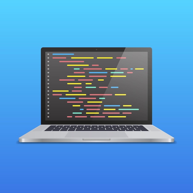 青いグラデーションの背景に画面上のコードと現実的なラップトップ。 web開発者、デザイン、プログラミングのコンセプト。ベクトルイラスト。