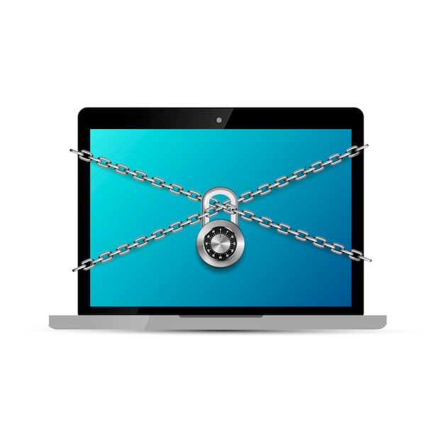 Vector realistic laptop with glossy silver metal crossed chains with round code padlock on white