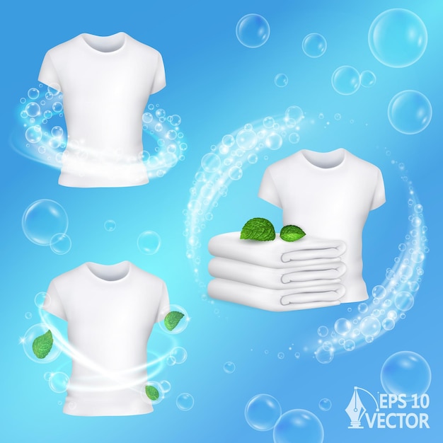 Vector realistic laundry detergent swirl clean white tshirt with freshness mint leaves 3d vector icon set