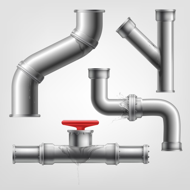 Realistic leaking pipes Isolated kitchen pipe leakage broken plumbing leak piping piped crack drain damaged pipeline wet valve home communication tidy vector illustration