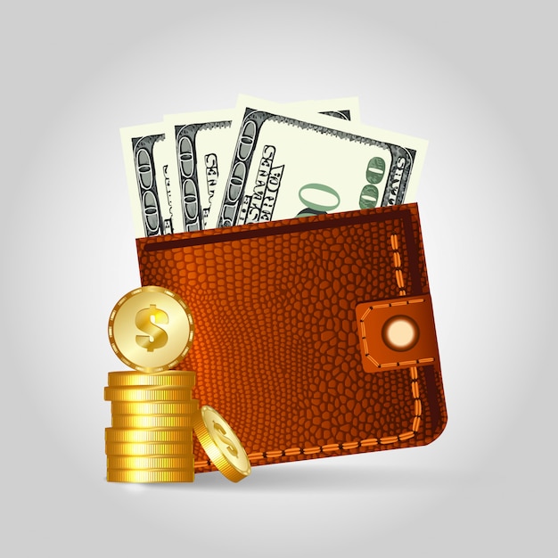 Realistic leather wallet with dollars and coins.