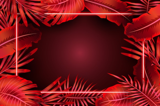 Realistic leaves with red neon frame