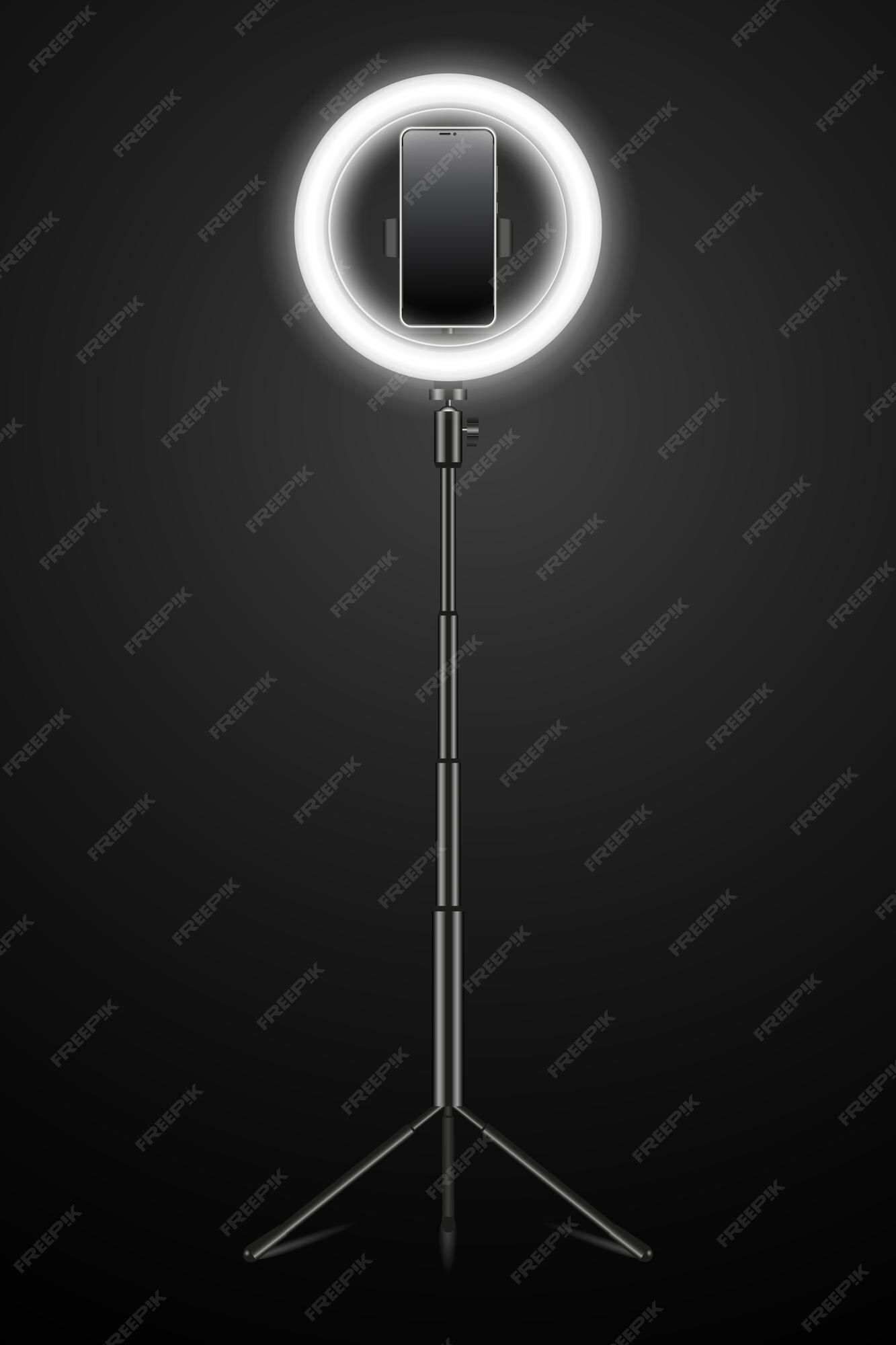 Premium Vector | Realistic led selfie makeup ring light smartphone holder  stand on black background