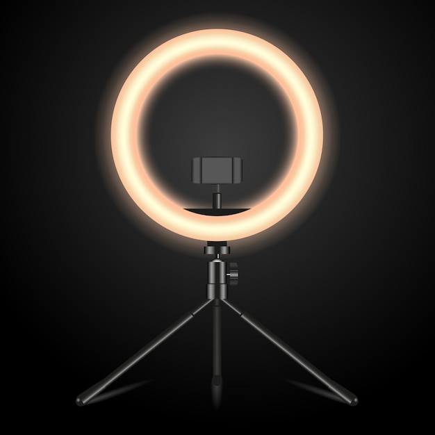 Vector realistic led selfie makeup ring light smartphone holder stand on black background