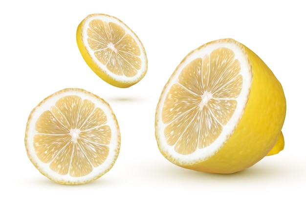 Limone realistico su sfondo bianco. frutta gialla fresca, illustrazione