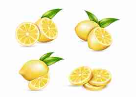 Vector realistic lemon with green leaf sliced set sour fresh fruit bright yellow peel set of citrus