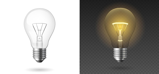 Realistic light bulb. Glowing yellow and white incandescent filament lamps, template. 3D light bulbs set on transparent background. Vector illustration