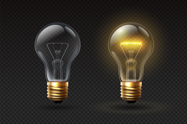 Realistic light bulb. on and off glass electric lightbulbs with filament. 3d lamp with glow effect. creative or business idea vector concept. illustration lightbulb glowing, electricity light