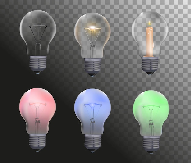 Realistic Light Bulbs Set Light bulbs On And Off Six Bulbs With Different Elements And Lights