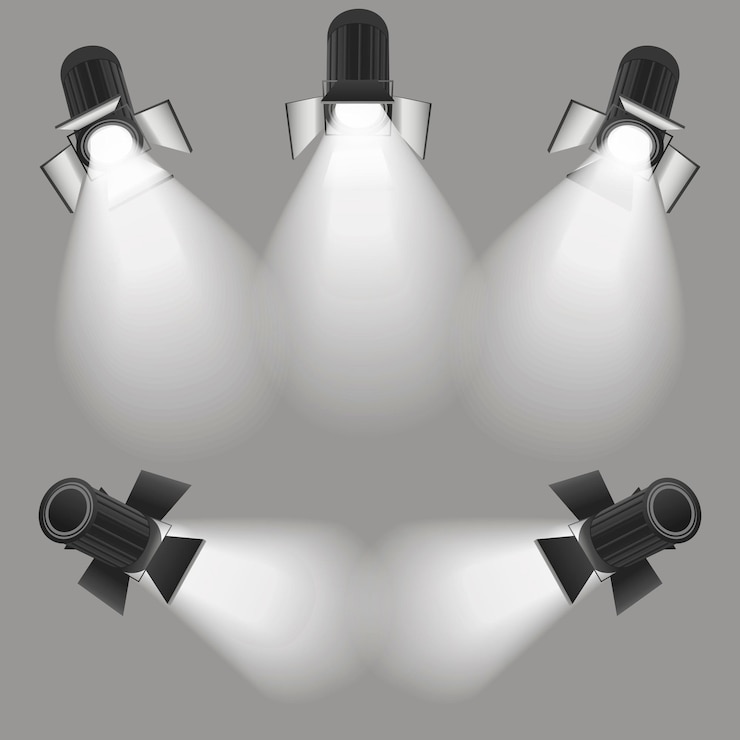 Vector realistic light scenic spotlight set for concert, stage, scene and show on grey. vector illustration