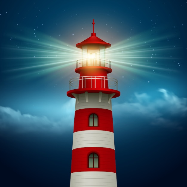 Vector realistic lighthouse  in the night sky background.