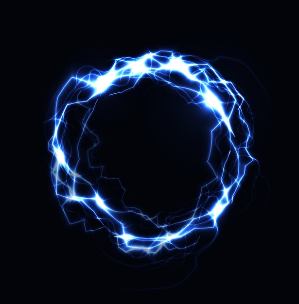 Вектор Реалистичные молнии кольцо, шар энергии, магическая сфера, синий цвет плазмы на темном фоне. изолированная иллюстрация