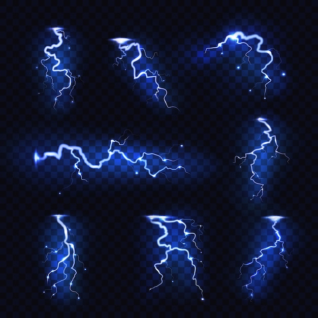 Realistic lightnings. blitz lightning thunder light sparks storm flash thunderstorm. power energy charge thunder shock