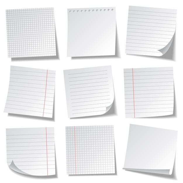 Реалистичные линейные липкие записки Пустые листы бумажной записки Информационное напоминание Векторная иллюстрация