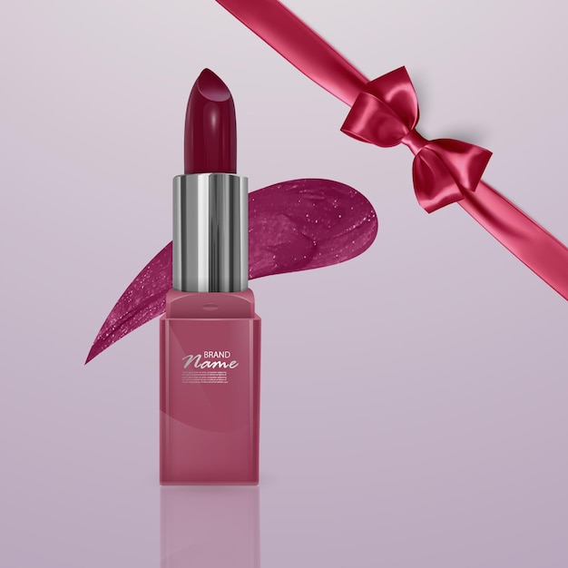 Realistic lipstick of cherry color with realistic bow. 3d illustration, trendy cosmetic design