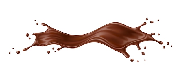 Vettore realistico flusso liquido di cioccolato marrone a onde lunghe, spruzzo isolato di choco vettoriale 3d d'acqua in bocca, cascata di cacao velluto e liscio, strato ricco e decadente, che tenta le papille gustative con un allure lussuoso