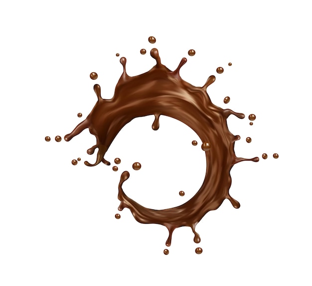 Vector realistic liquid chocolate milk round splash melted cacao or coffee drink swirl isolated 3d vector choco dessert wave flow drink stream with splatters brown single stream with drops splashing