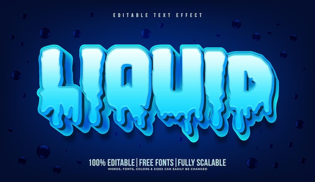 Vector realistic liquid water text effect or typography in 3d style with shiny blue bubble