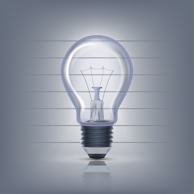 Vector realistic lit light bulb on background.