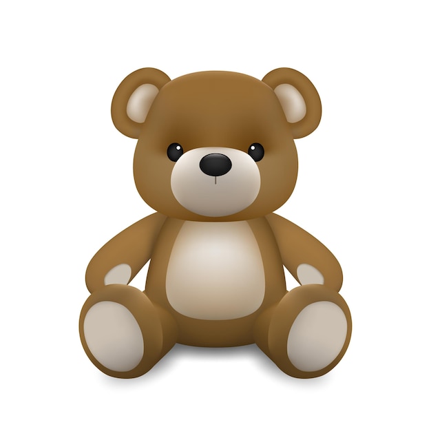 Realistic little cute baby bear doll character sitting on the ground isolated on white background. An animal bear cartoon relaxing gesture.