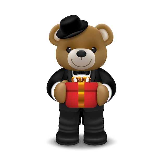 Realistic little cute smiling bear doll wear tuxedo character holding a gift box and standing isolated on white background. valentine's day and love concept  illustration design.