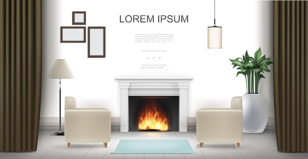 realistic living room interior with fireplace armchairs houseplant lamps curtains frames for pictures
