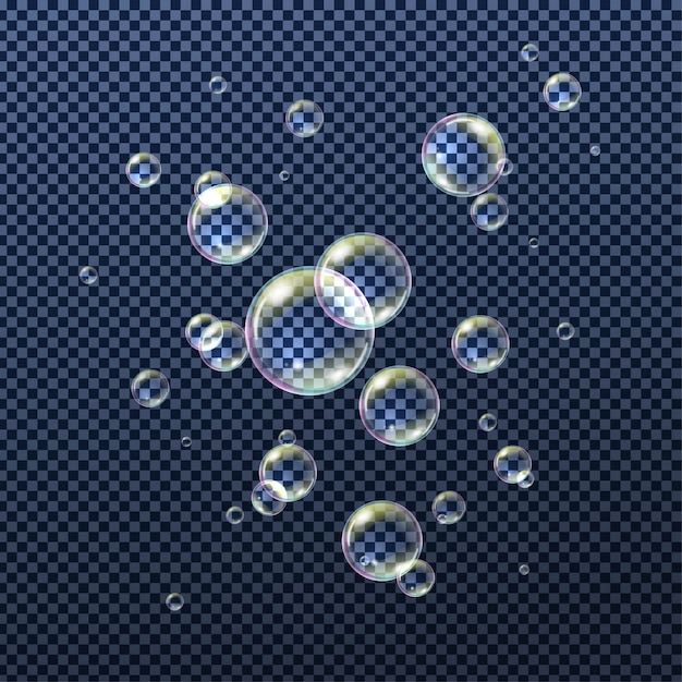 Vector realistic looking soap or shampoo bubbles with rainbow reflection isolated