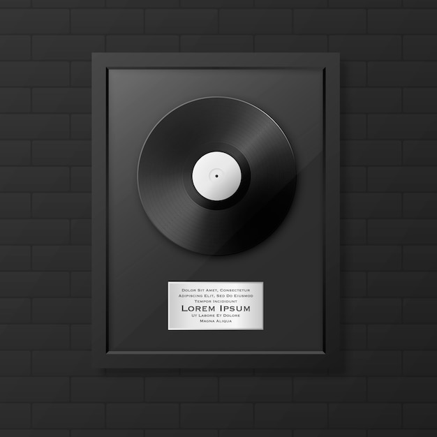 Realistic lp and label in glossy black frame icon closeup isolated. single album disc award. design template.