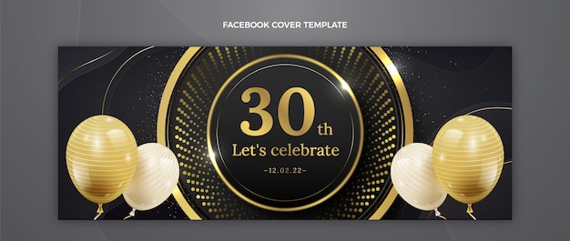 Vettore copertina di facebook di compleanno d'oro di lusso realistico