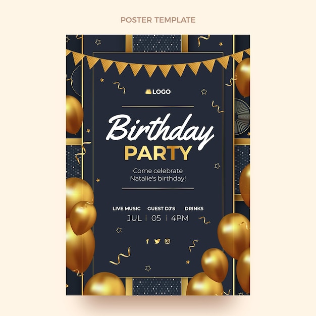 Realistic luxury golden birthday poster