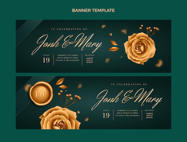 Vector realistic luxury golden wedding horizontal banners set