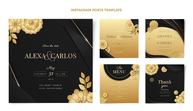 Vector realistic luxury golden wedding instagram post