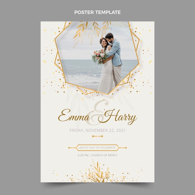 Realistic luxury golden wedding poster template